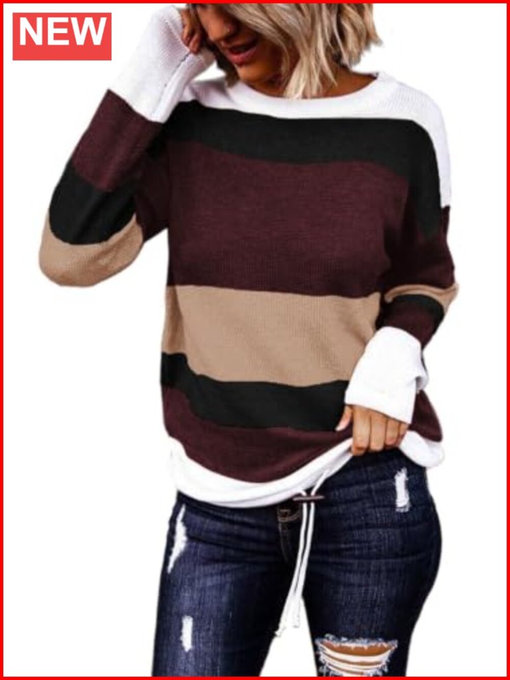Striped Knit Pullover Sweater with Drawstring Hem, 55% Acrylic 45% Cotton, Long